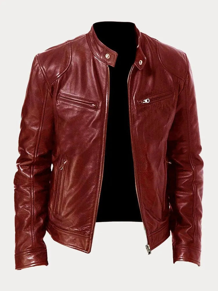 Mens Leather Zip Front Cafe Racer Jacket
