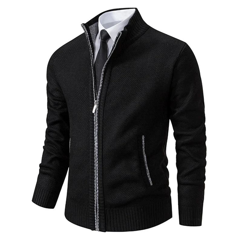 Mens Stand Collar Zip Up Knit Cardigan