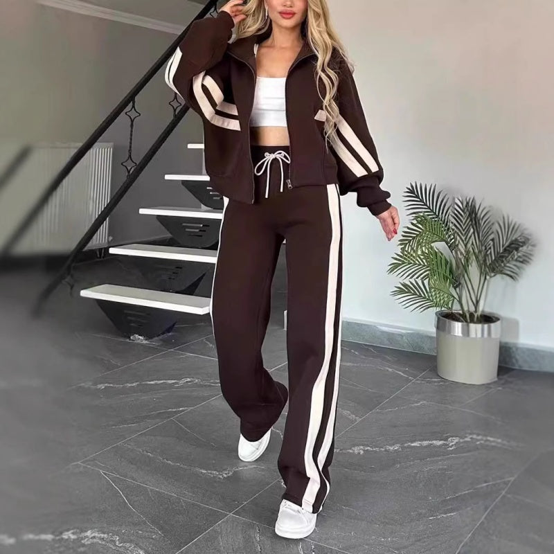 Womens Zip Front Casual Ribbed Cuff Tracksuit