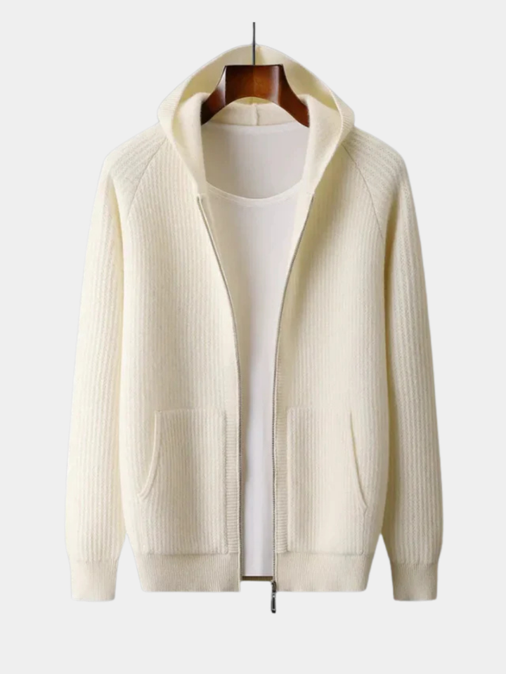 Mens Wool Ribbed Hooded Zip Up Cardigan