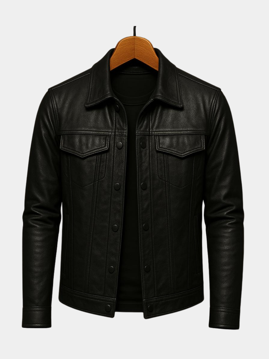 Mens Collared Leather Trucker Jacket