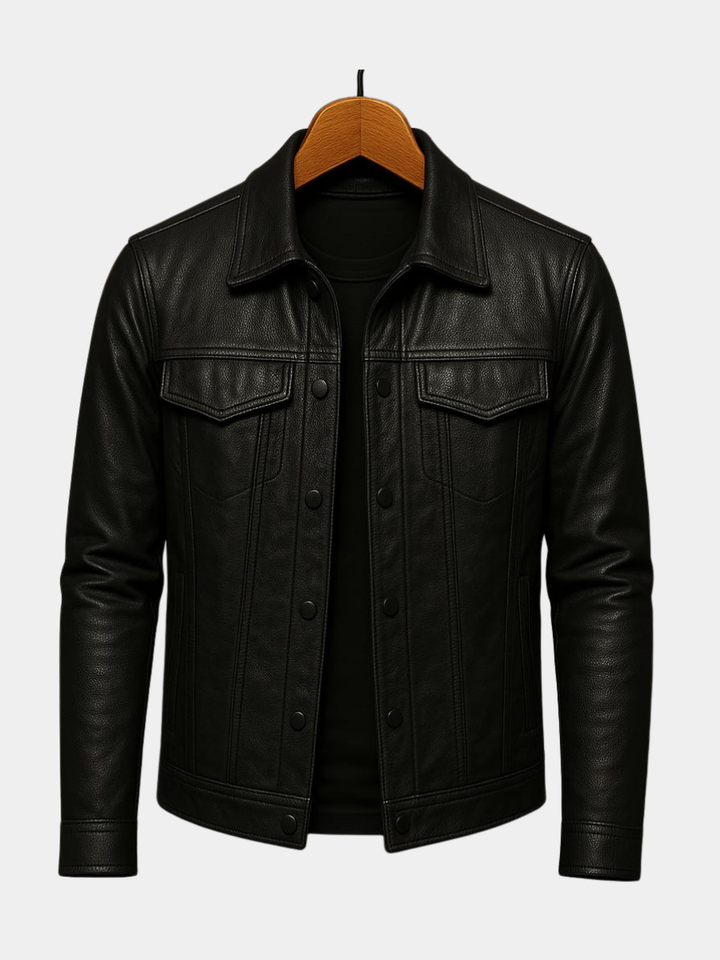 Mens Collared Leather Trucker Jacket
