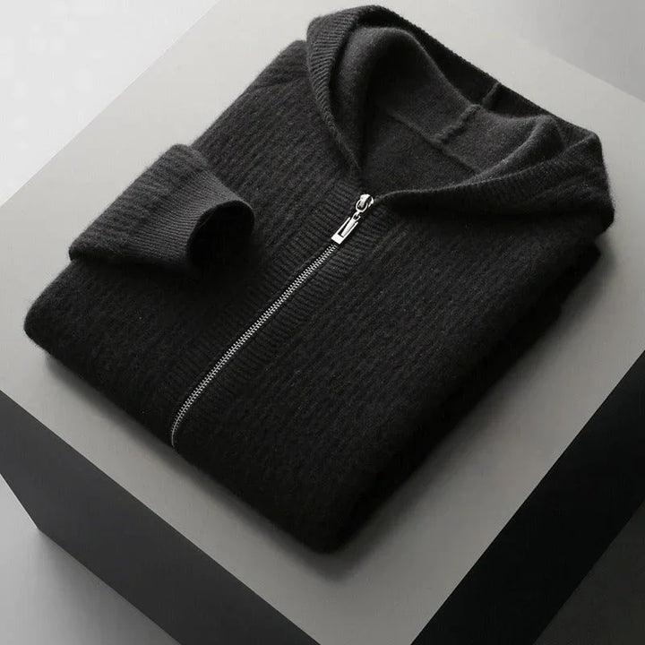 Mens Wool Ribbed Hooded Zip Up Cardigan