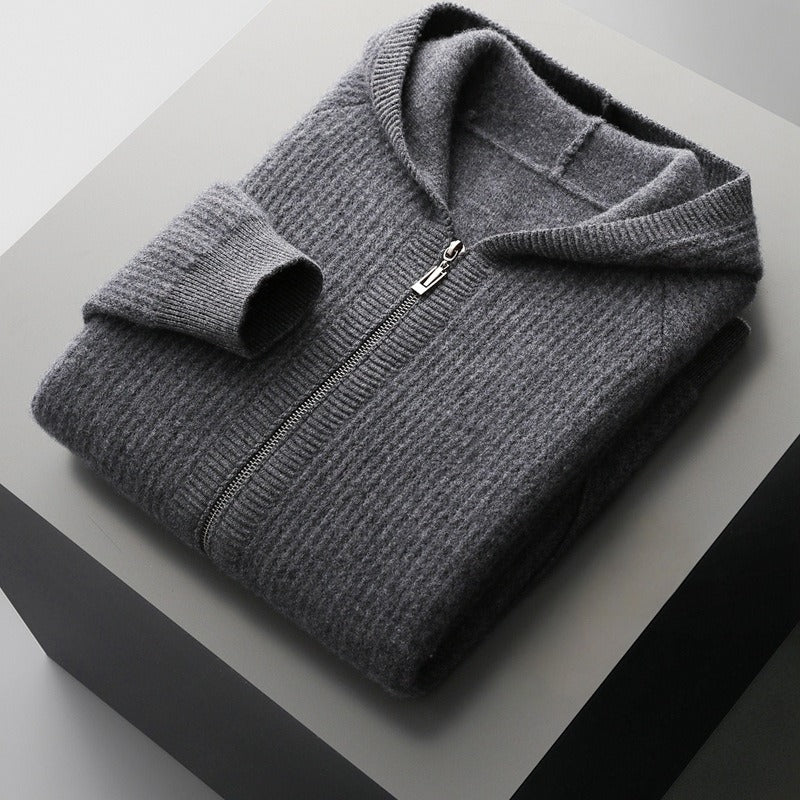 Mens Wool Ribbed Hooded Zip Up Cardigan