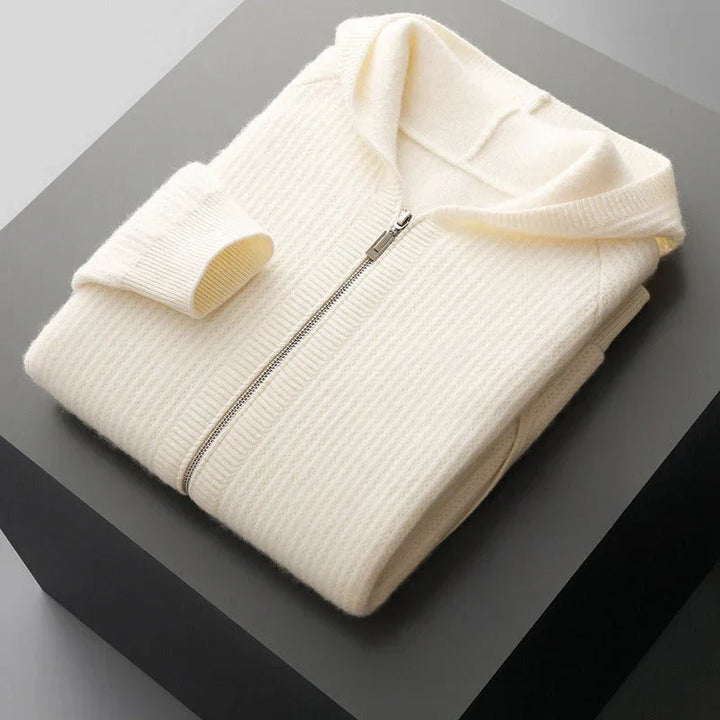 Mens Wool Ribbed Hooded Zip Up Cardigan