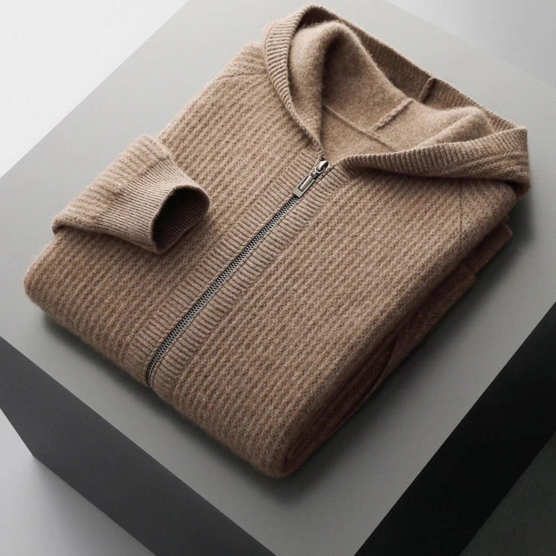 Mens Wool Ribbed Hooded Zip Up Cardigan