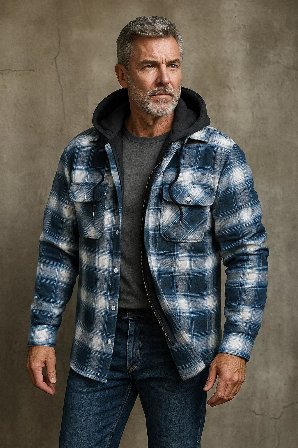 Mens Hooded Checked Flannel Shirt Jacket