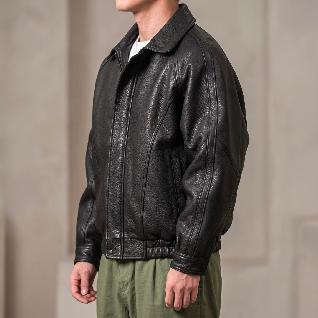 Mens Oversized Collared Leather Zip Jacket