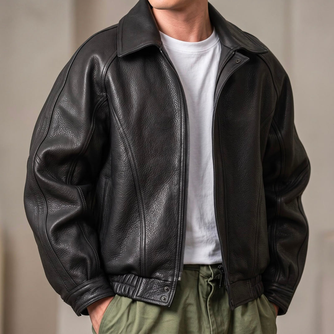 Mens Oversized Collared Leather Zip Jacket