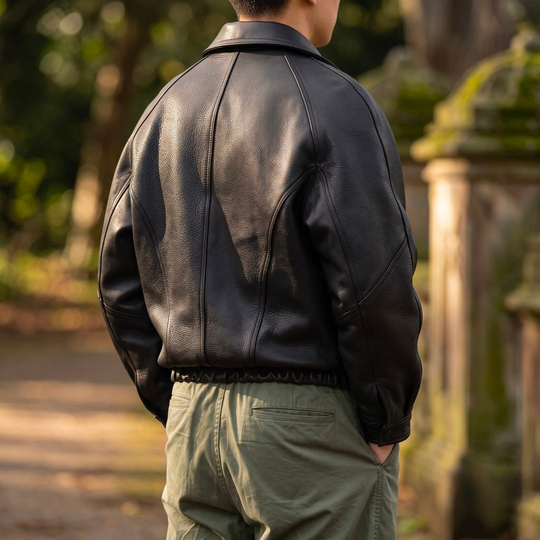 Mens Oversized Collared Leather Zip Jacket