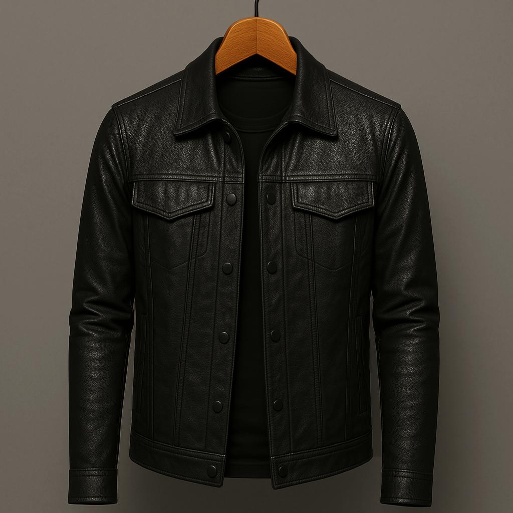 Mens Collared Leather Trucker Jacket