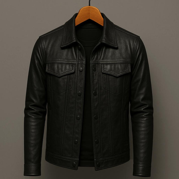 Mens Collared Leather Trucker Jacket