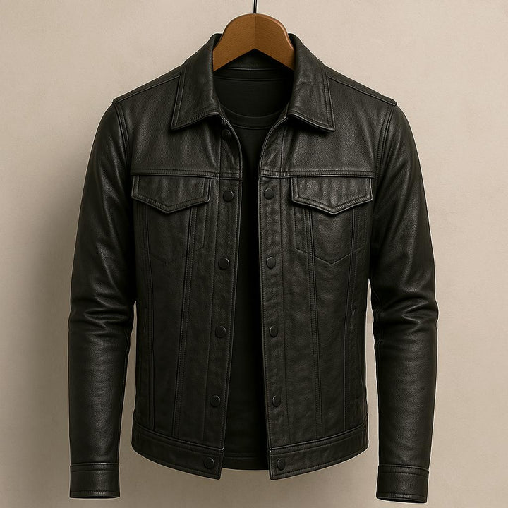 Mens Collared Leather Trucker Jacket