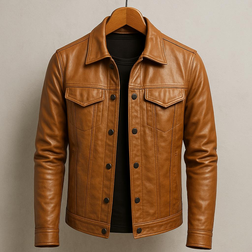 Mens Collared Leather Trucker Jacket