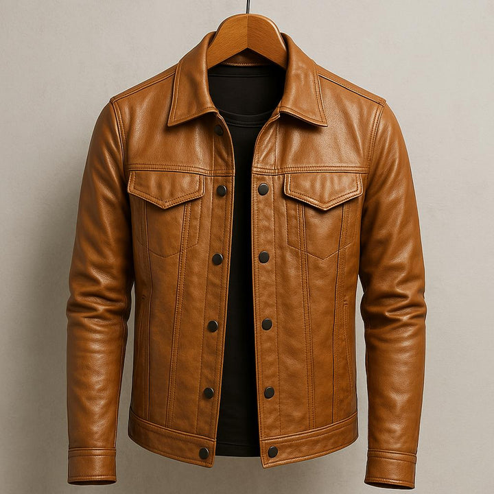 Mens Collared Leather Trucker Jacket