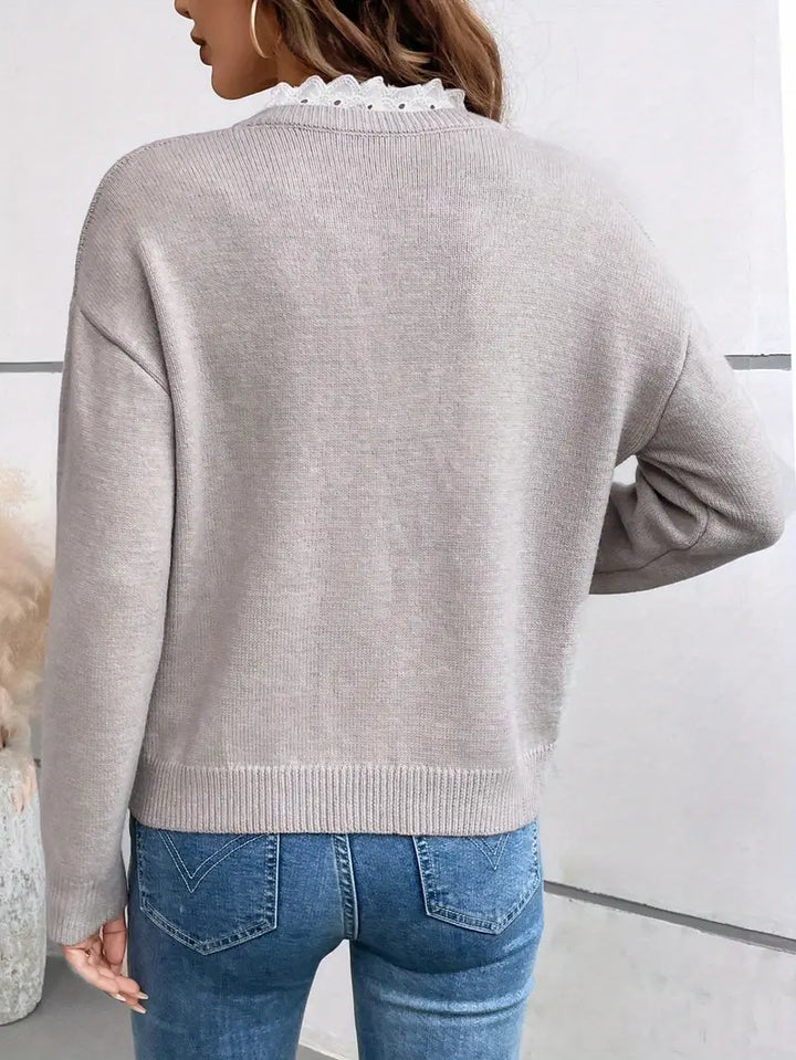 Womens Lace Collar V Neck Knit Jumper