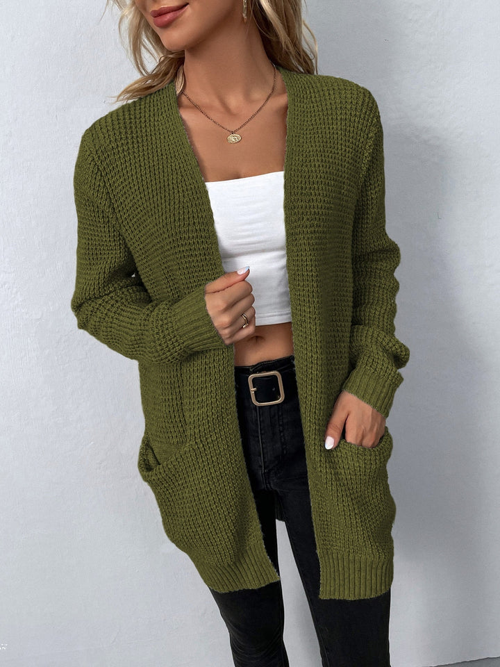 Womens Waffle Knit Open Front Long Cardigan