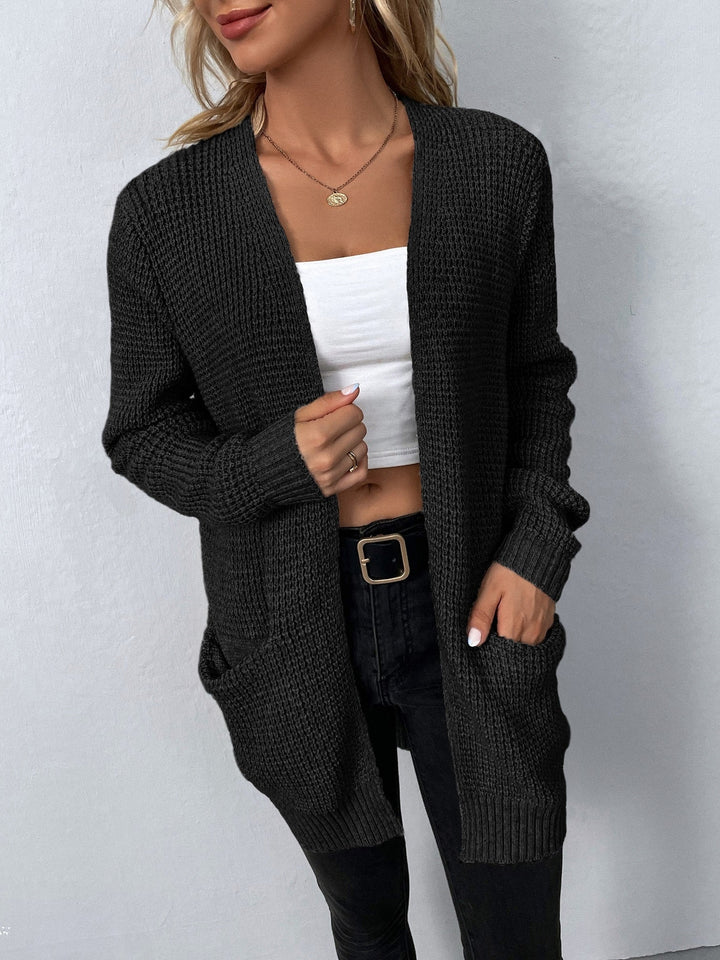 Womens Waffle Knit Open Front Long Cardigan