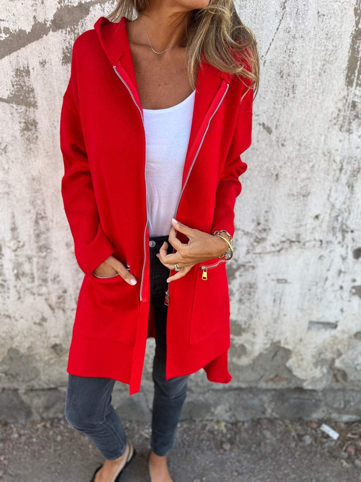 Womens Hooded Zip Up Long Knit Cardigan