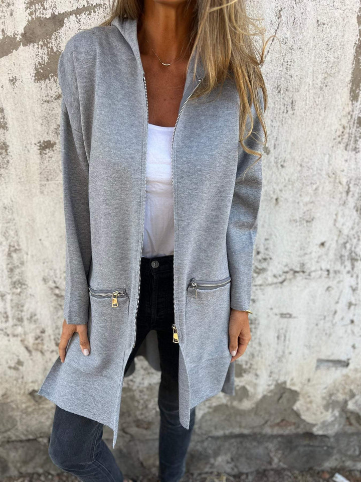 Womens Hooded Zip Up Long Knit Cardigan