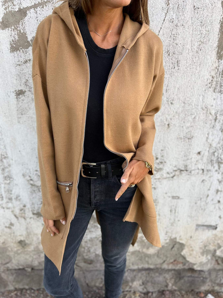 Womens Hooded Zip Up Long Knit Cardigan