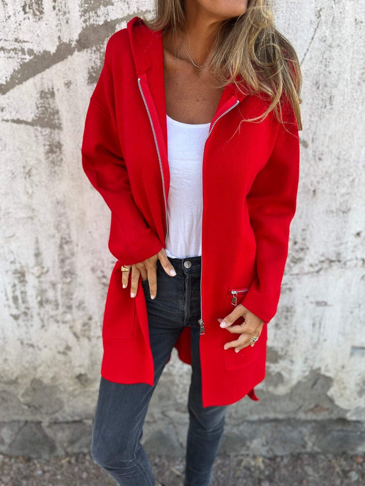 Womens Hooded Zip Up Long Knit Cardigan