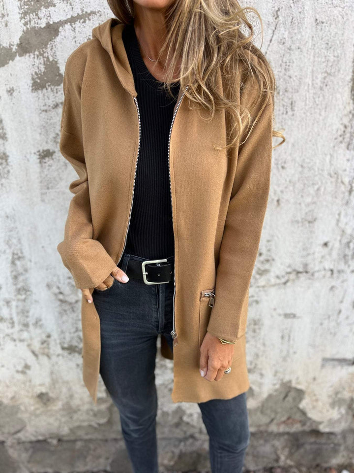 Womens Hooded Zip Up Long Knit Cardigan
