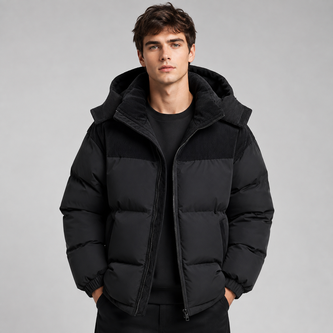 Mens Corduroy Yoke Oversized Hooded Puffer Jacket