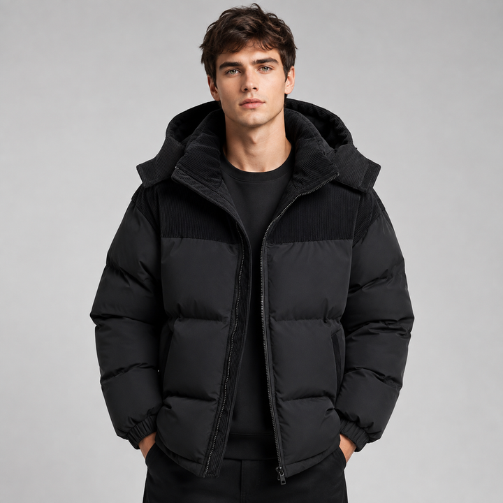 Mens Corduroy Yoke Oversized Hooded Puffer Jacket