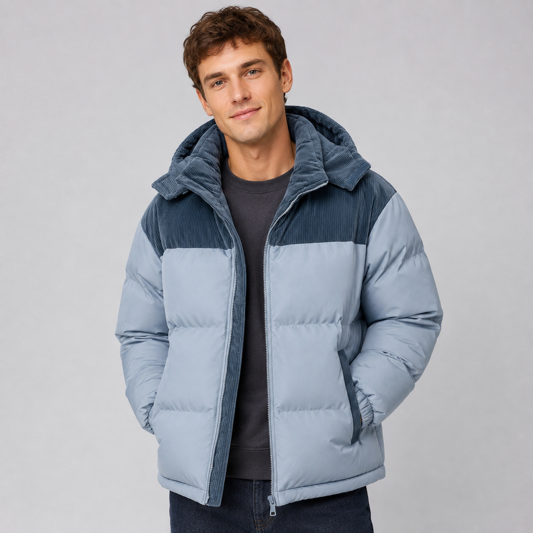 Mens Corduroy Yoke Oversized Hooded Puffer Jacket