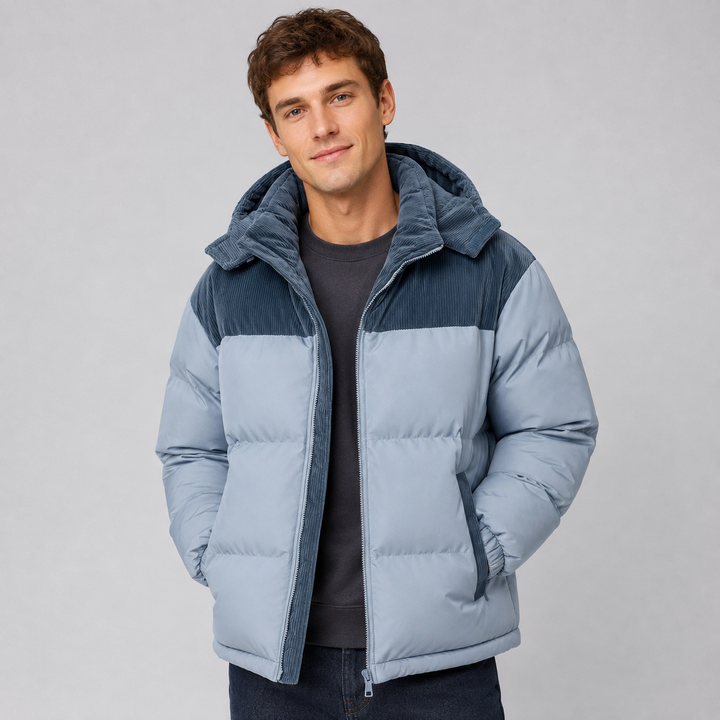 Mens Corduroy Yoke Oversized Hooded Puffer Jacket