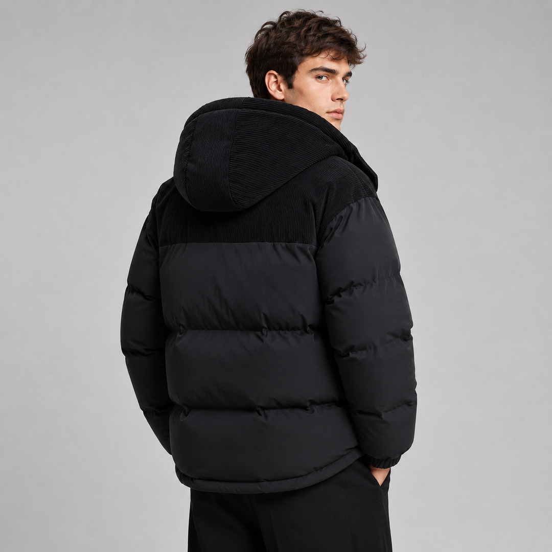 Mens Corduroy Yoke Oversized Hooded Puffer Jacket