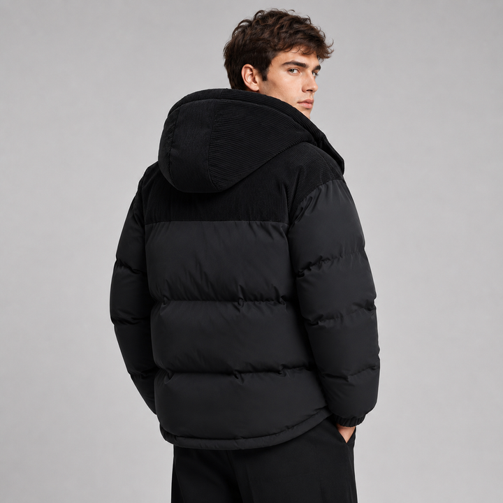 Mens Corduroy Yoke Oversized Hooded Puffer Jacket