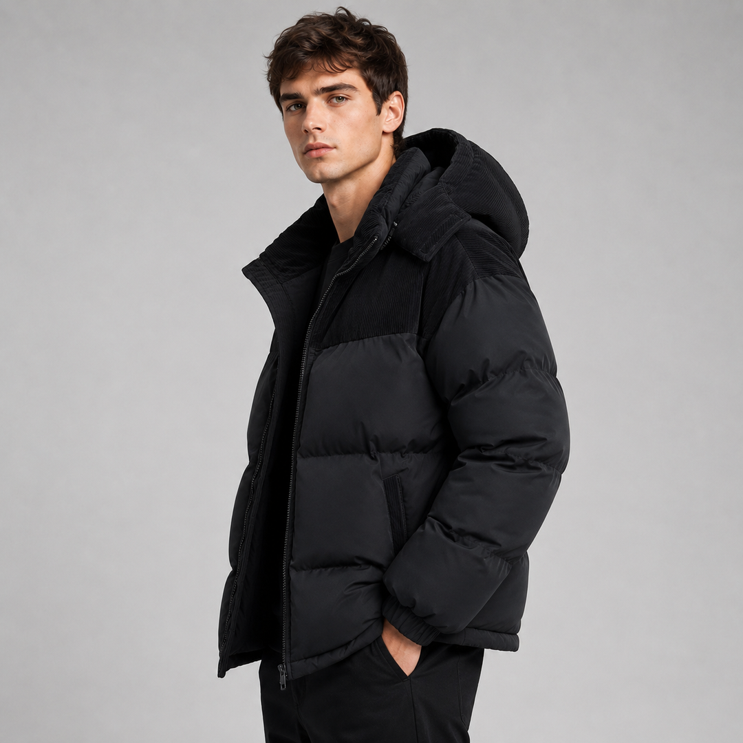 Mens Corduroy Yoke Oversized Hooded Puffer Jacket