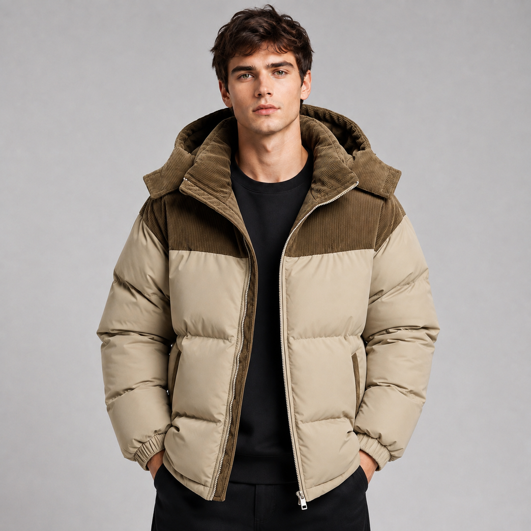 Mens Corduroy Yoke Oversized Hooded Puffer Jacket