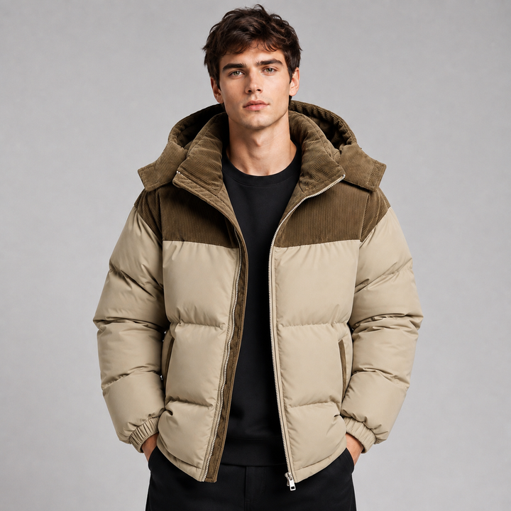 Mens Corduroy Yoke Oversized Hooded Puffer Jacket