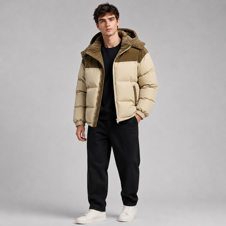 Mens Corduroy Yoke Oversized Hooded Puffer Jacket
