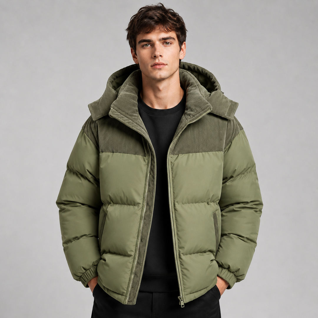 Mens Corduroy Yoke Oversized Hooded Puffer Jacket
