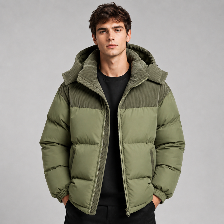Mens Corduroy Yoke Oversized Hooded Puffer Jacket