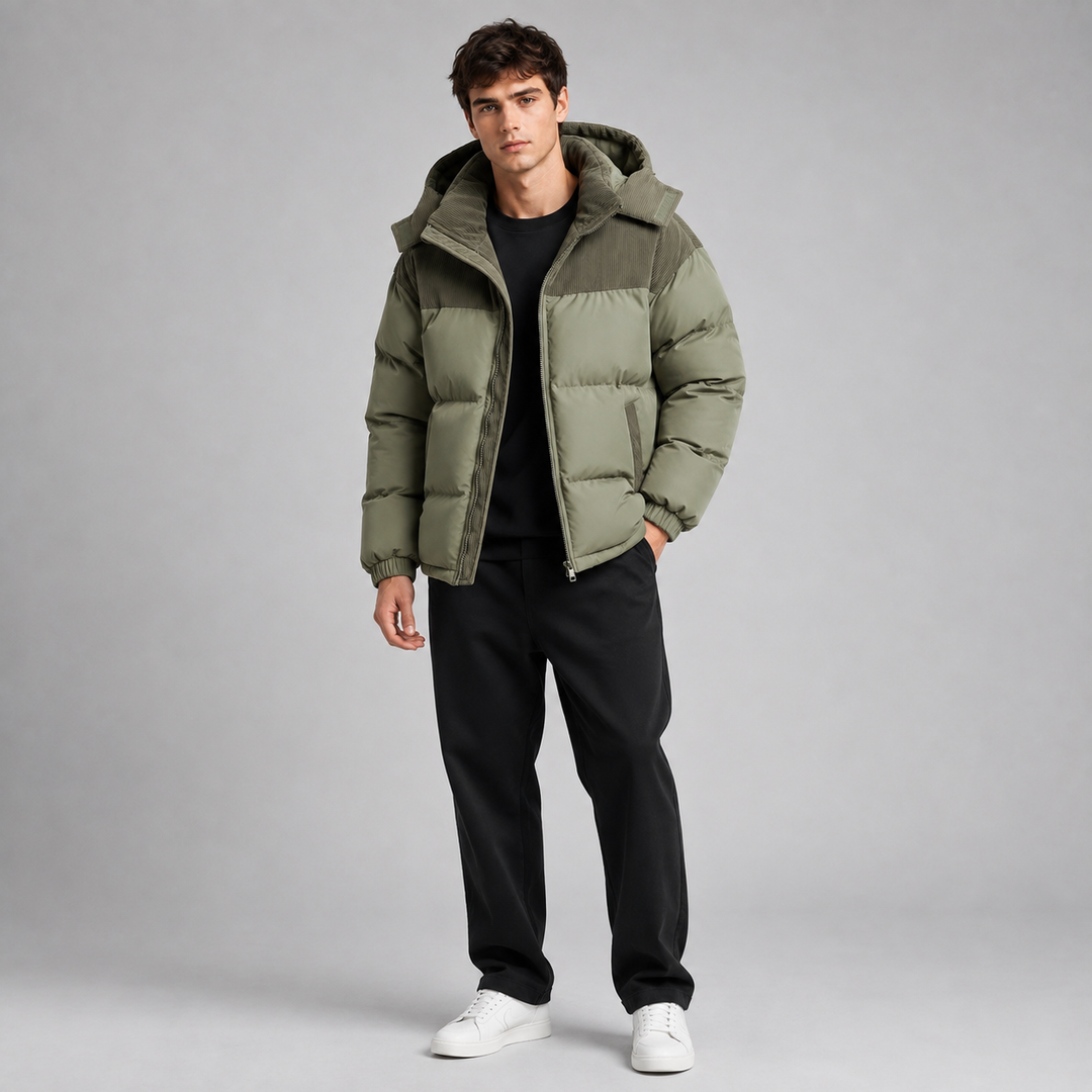 Mens Corduroy Yoke Oversized Hooded Puffer Jacket