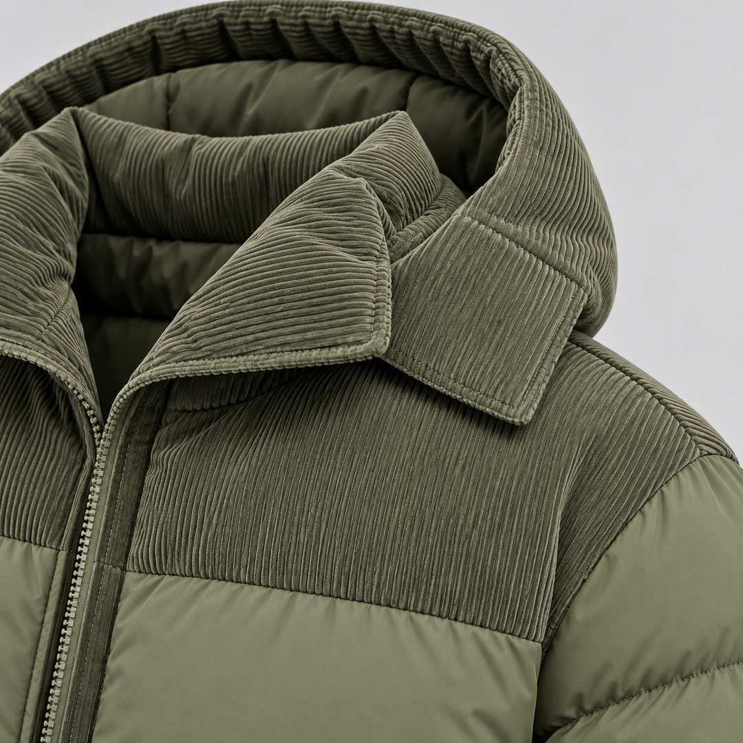 Mens Corduroy Yoke Oversized Hooded Puffer Jacket