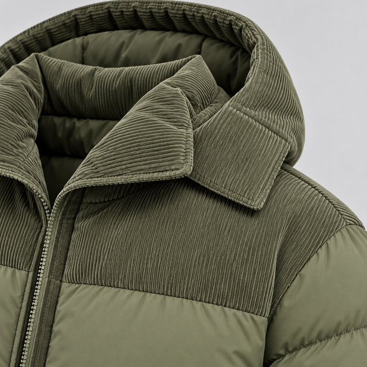 Mens Corduroy Yoke Oversized Hooded Puffer Jacket